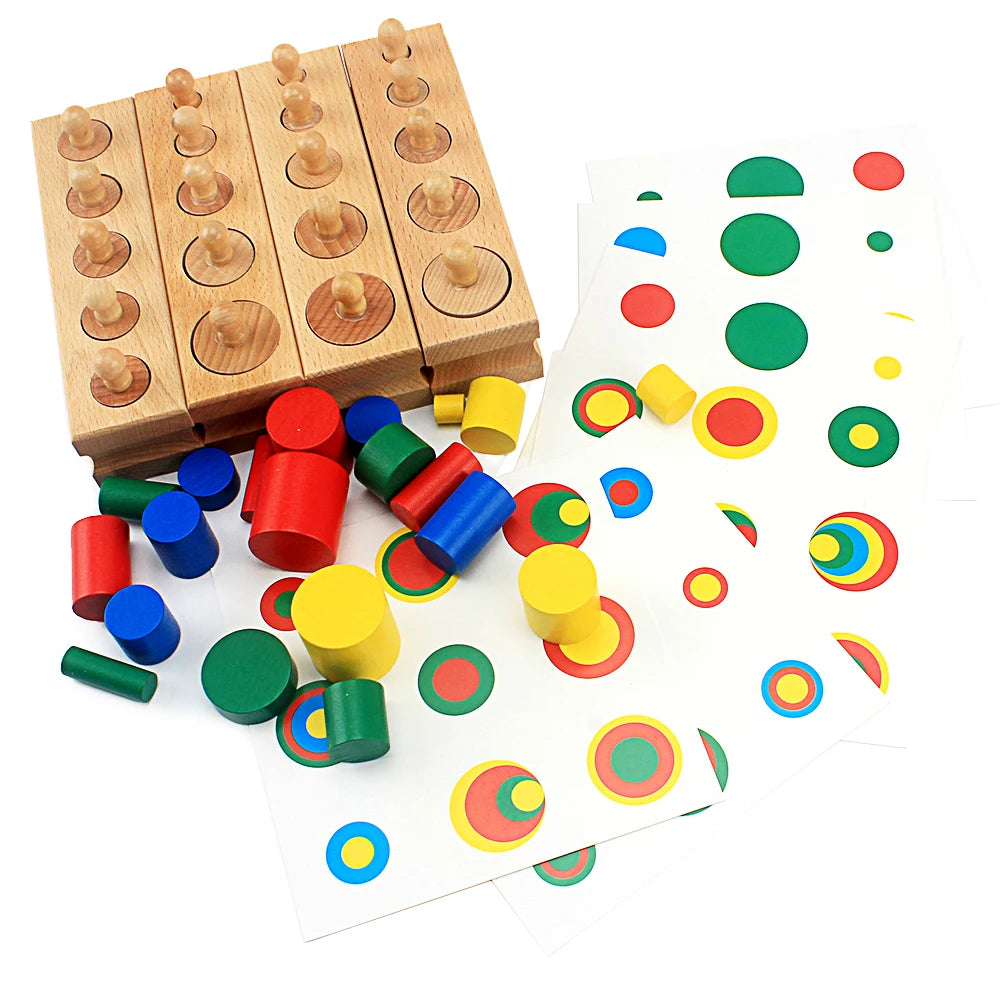 A set of wooden cylinder blocks in various colors and sizes used for educational play.