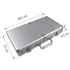 A silver aluminum poker chip carry case with a lock and handle, shown from above.