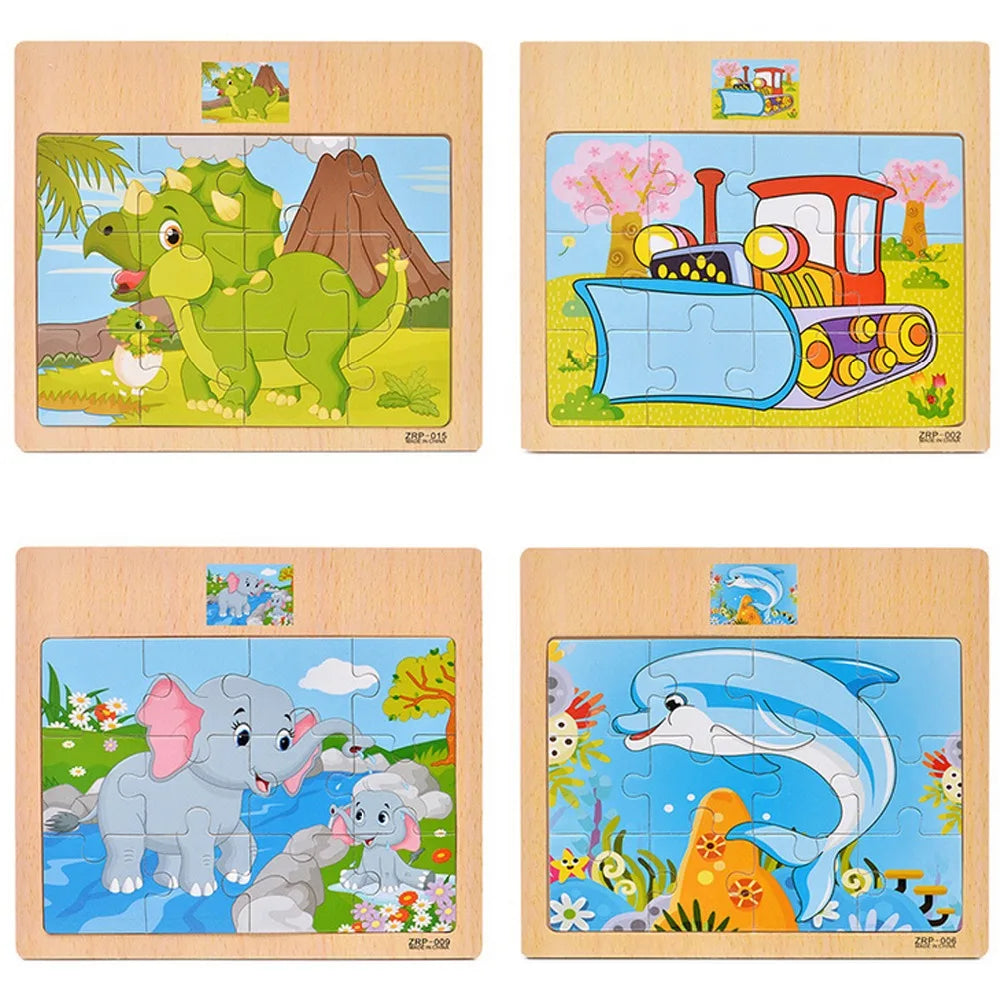 A set of wooden kids learning puzzles featuring animals like a giraffe, a dinosaur, an elephant, and a dolphin.