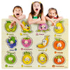 A wooden puzzle set featuring various fruits and vegetables like apple, mango, peach, grape, strawberry, banana, lemon, and p