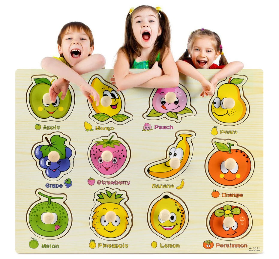 A wooden puzzle set featuring various fruits and vegetables like apple, mango, peach, grape, strawberry, banana, lemon, and p
