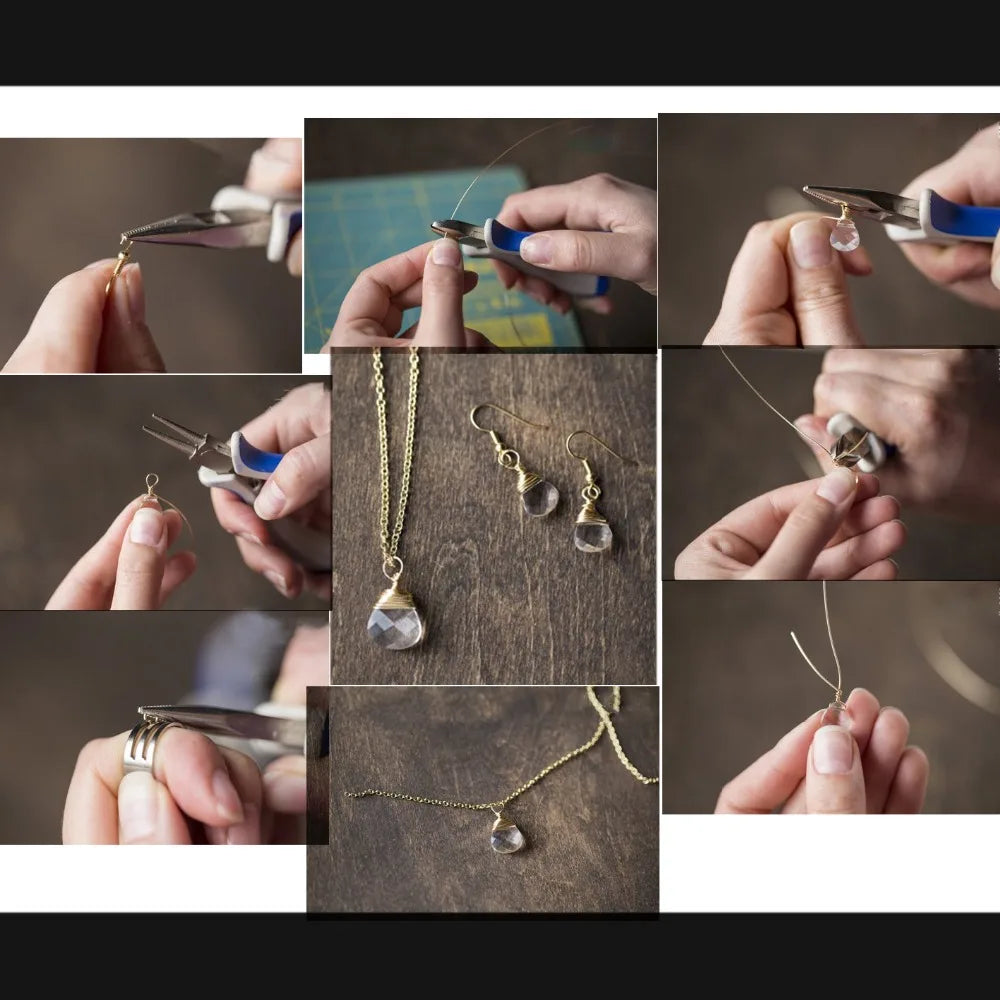 Hands are shown using a pair of pliers to manipulate and attach copper beading wire for jewelry making.