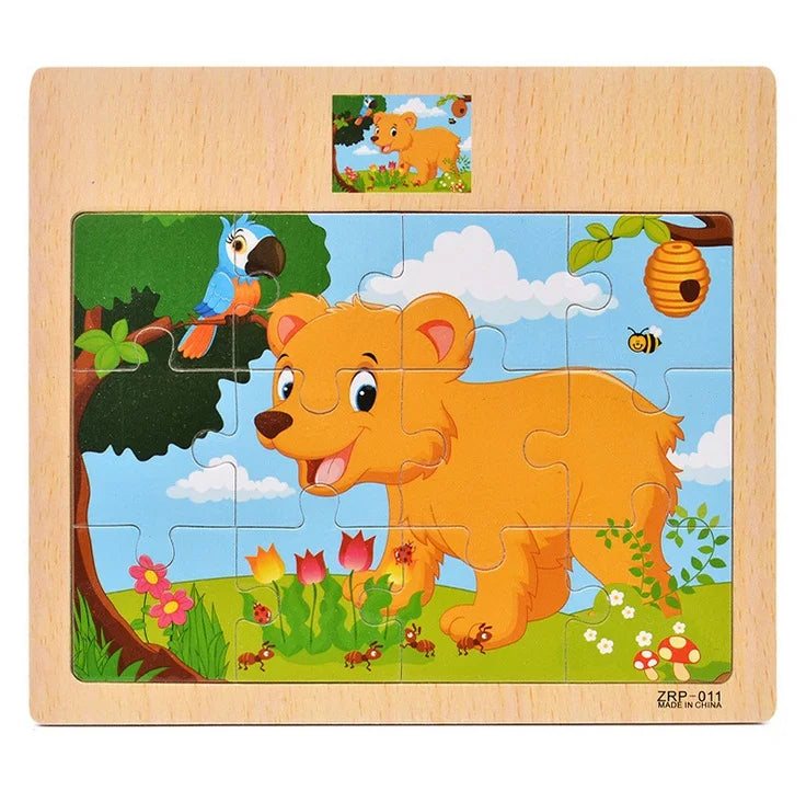 A wooden jigsaw puzzle featuring a cheerful orange lion cub in a green outdoor setting.
