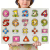 A wooden puzzle set featuring numbers, shapes, and symbols for toddlers.
