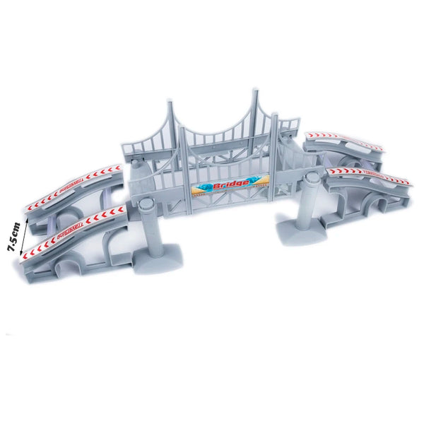 Modelo de plástico gris de una estructura de puente con barandales y soportes.