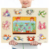 A wooden puzzle set featuring various animals, fruits, and shapes for toddlers.