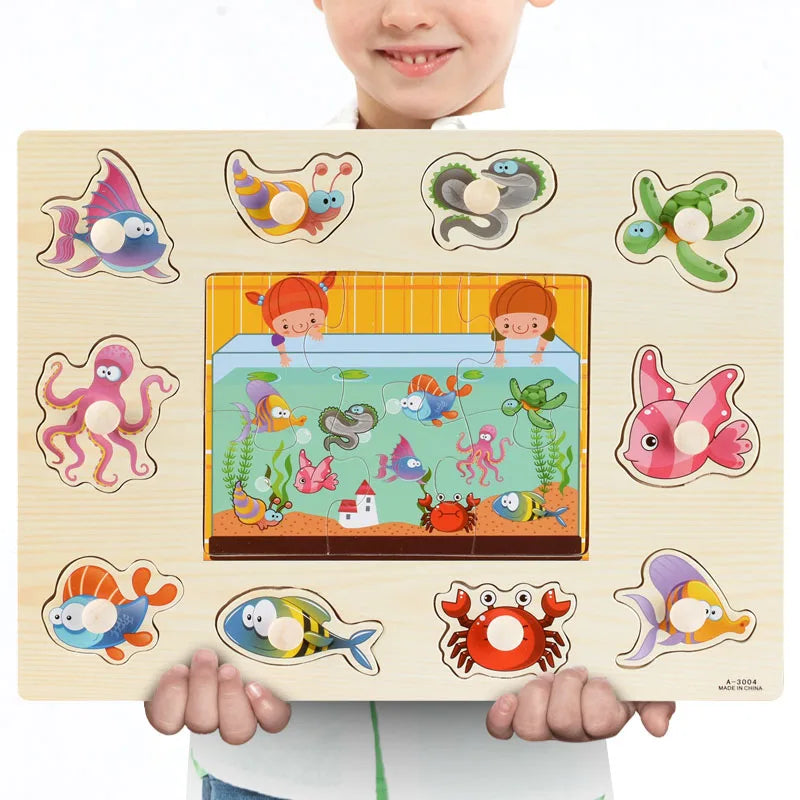 A wooden puzzle set featuring various animals, fruits, and shapes for toddlers.