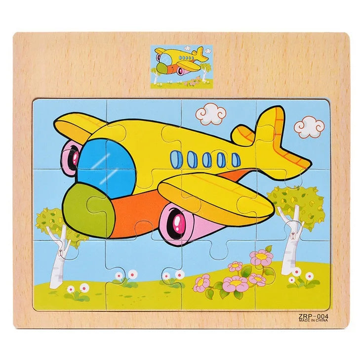 A wooden kids learning puzzle set featuring a yellow airplane and clouds on a blue background.