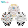 A set of three white cotton baby bodysuits with long sleeves and yellow trim