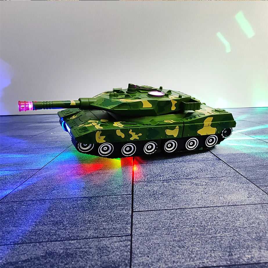 A green transforming robot car toy is displayed on a dark surface with colorful light reflections.