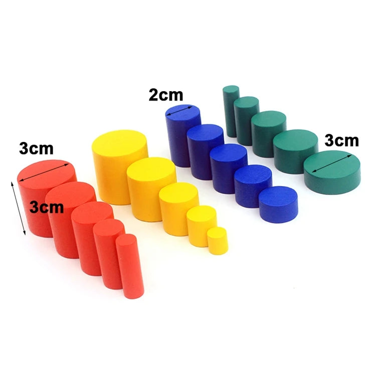 A set of colorful wooden cylinder blocks in various colors and heights, used as an educational toy for children.