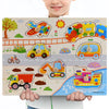 A wooden puzzle set featuring various animals, fruits, and shapes for toddlers.