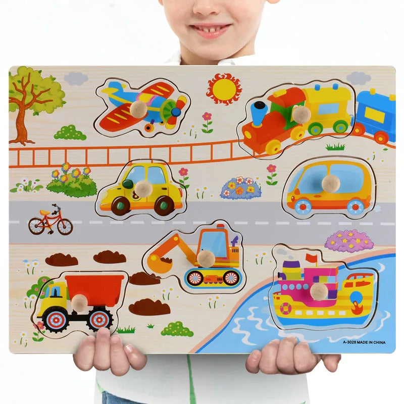 A wooden puzzle set featuring various animals, fruits, and shapes for toddlers.