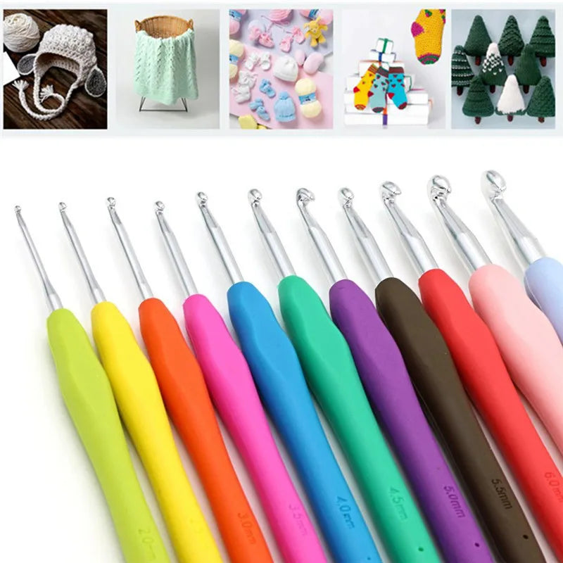 A collection of various colored aluminum crochet hooks displayed in a row.