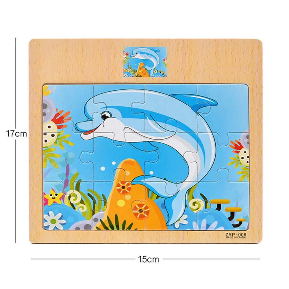 A wooden jigsaw puzzle featuring a blue dolphin and surrounding marine life for kids.