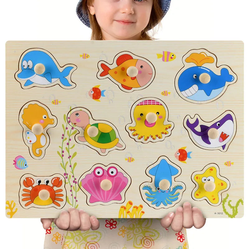 A wooden puzzle set featuring various animals, fruits, and shapes for toddlers.