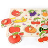 A wooden puzzle set featuring various fruits like apples, oranges, and grapes, designed for toddlers.