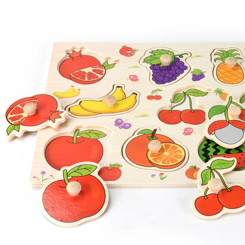 A wooden puzzle set featuring various fruits like apples, oranges, and grapes, designed for toddlers.
