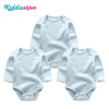 A set of three light blue cotton baby bodysuits with long sleeves for infants.