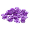 A pile of purple plastic bingo chips for games and classrooms.