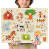 A wooden puzzle set featuring animals, fruits, and shapes for toddlers.