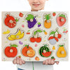 A wooden puzzle set featuring various fruits and animals for toddlers, including apples, oranges, bananas, and pineapples.