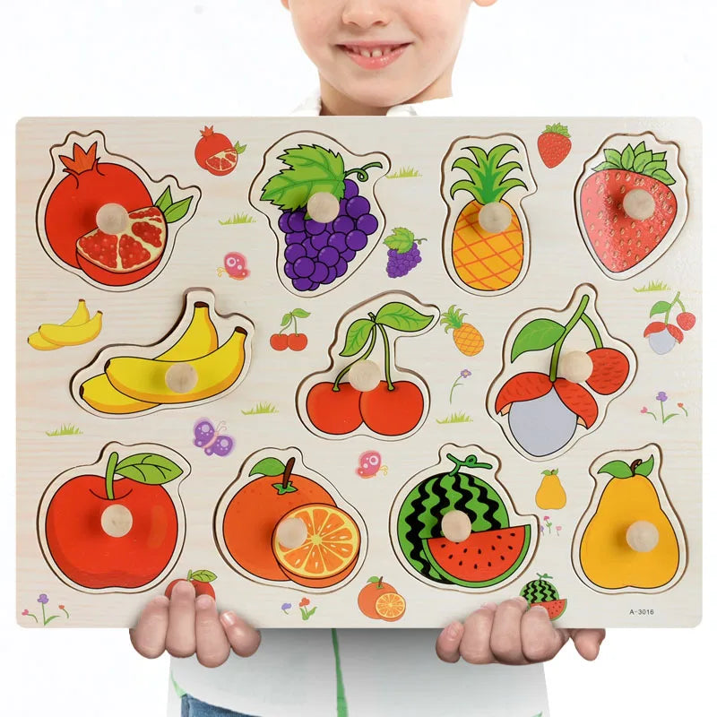 A wooden puzzle set featuring various fruits and animals for toddlers, including apples, oranges, bananas, and pineapples.