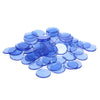 A pile of small, round blue plastic bingo chips for games and classrooms.