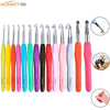 A set of various sized aluminum crochet hooks in bright colors including yellow, orange, pink, and green.