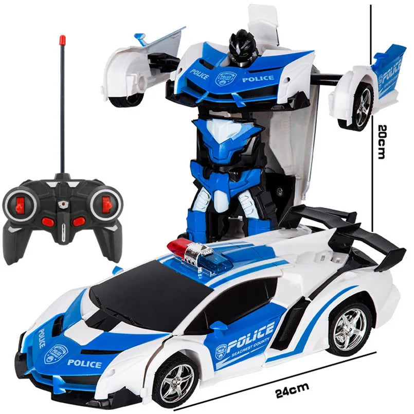 A blue and white transforming RC car robot toy with a remote control and accessories.