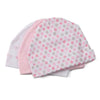 A stack of pink and white baby hats with a floral pattern.