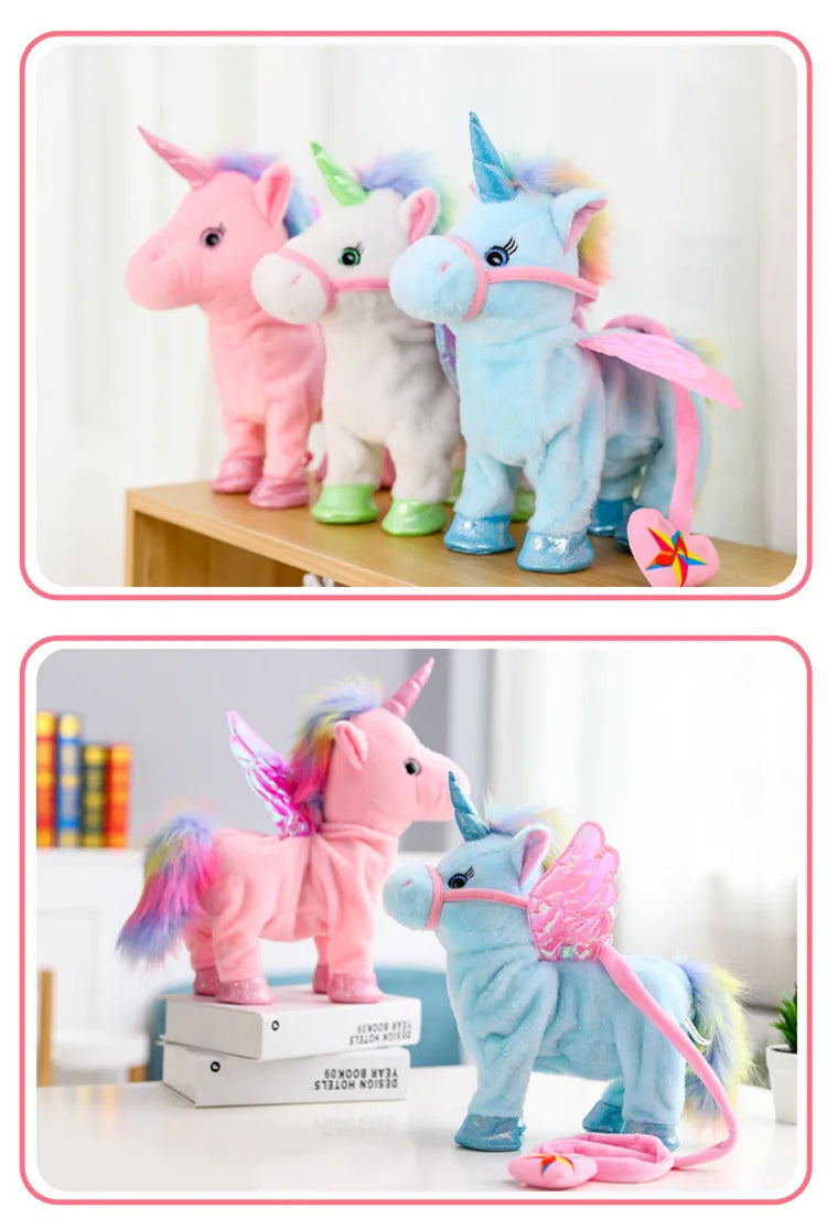A plush toy of a musical walking unicorn in pink, white, and blue colors standing on a wooden surface.