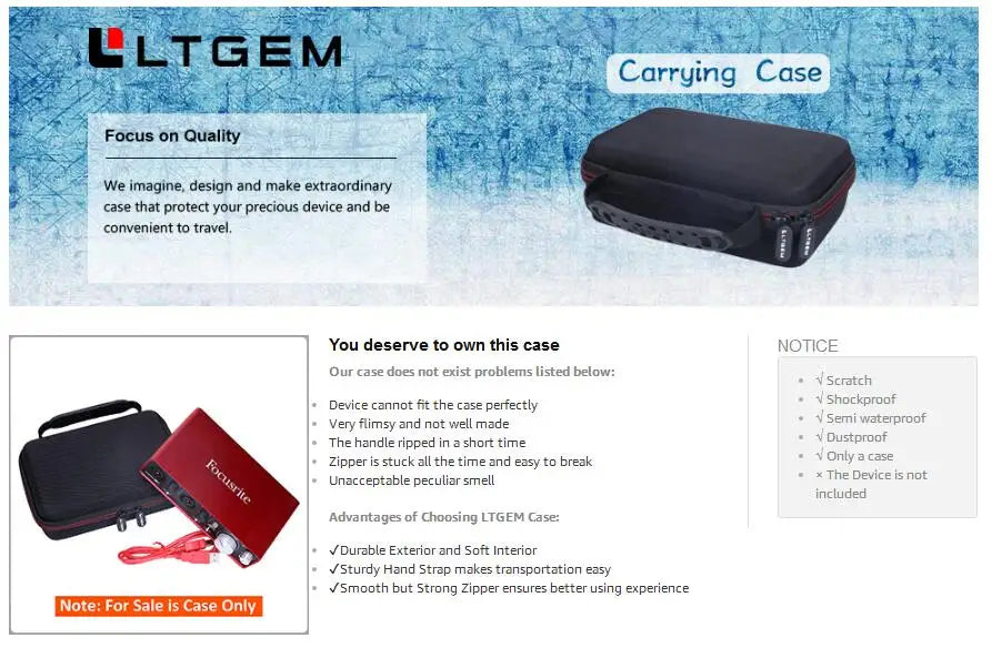 A black protective carrying case for a Focusrite audio interface, highlighting its durable design and convenience.