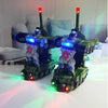A green transforming robot car toy with blue lights and red lights is displayed on a white surface.