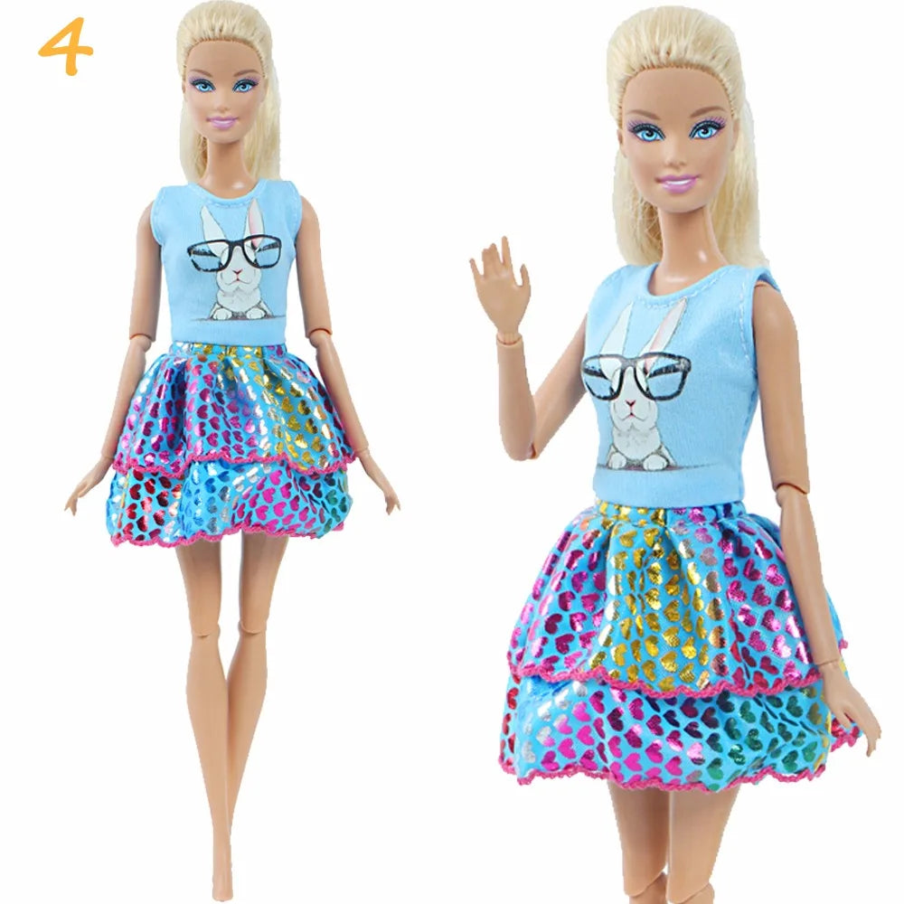 Fashion Doll Outfit Set – Wave Point Dress & Denim Grid Skirt for 11.5–12 Inch Dolls