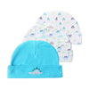 A stack of three baby hats featuring cute dinosaur and geometric patterns in white, light blue, and turquoise colors.
