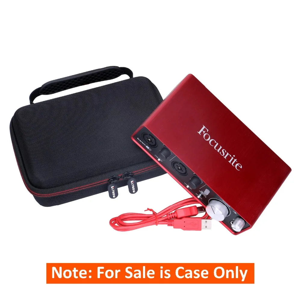 Red protective hard case for Focusrite audio interfaces with attached cables