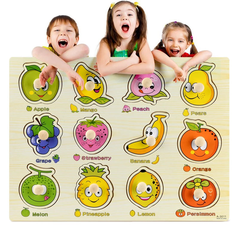 A wooden puzzle set featuring various fruits and vegetables like apples, mangoes, strawberries, bananas, and lemons.
