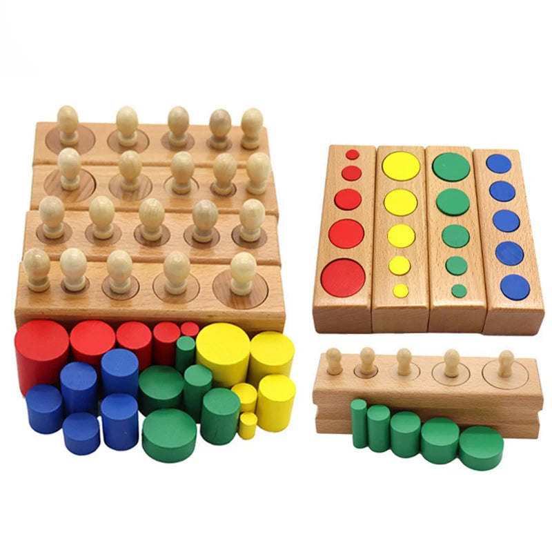 A set of wooden cylinder blocks in various colors including red, blue, green, and yellow for educational play.