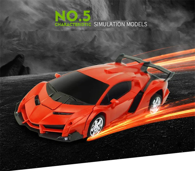 An orange 2-in-1 RC transforming car robot is shown speeding on a dark track with bright light trails.