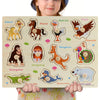 A wooden puzzle set featuring various animals like a camel, horse, ostrich, kangaroo, hedgehog, orangutan, crocodile, and sea