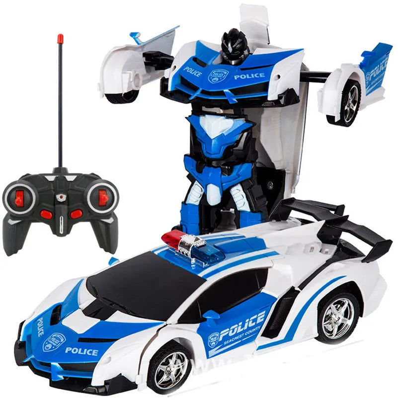 A blue and white transforming RC car robot toy with a remote control and accessory parts.
