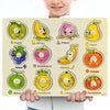 A wooden puzzle set featuring various fruits and animals like apple, mango, peach, pears, grape, strawberry, banana, orange, 