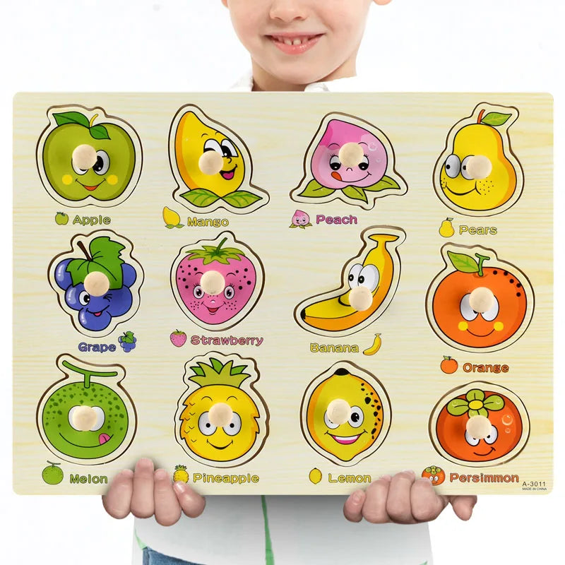 A wooden puzzle set featuring various fruits and animals like apple, mango, peach, pears, grape, strawberry, banana, orange, 