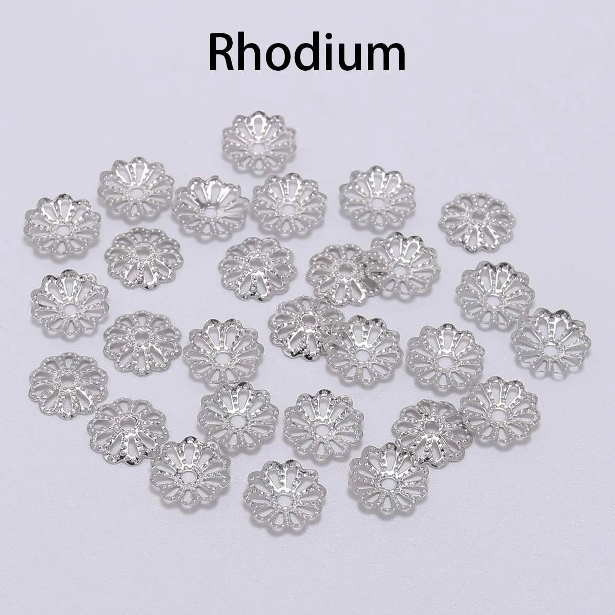 Silver rhodium flower petal bead caps for jewelry making in various sizes