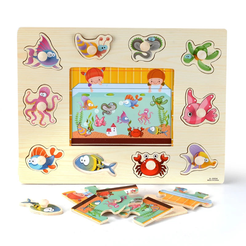 A wooden puzzle set featuring various animals, fruits, and shapes for toddlers.