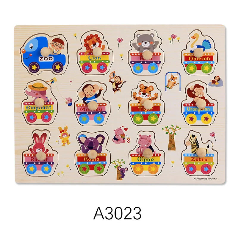 A wooden puzzle set featuring various animals like lions elephants tigers and zebras, along with fruits and shapes for toddle