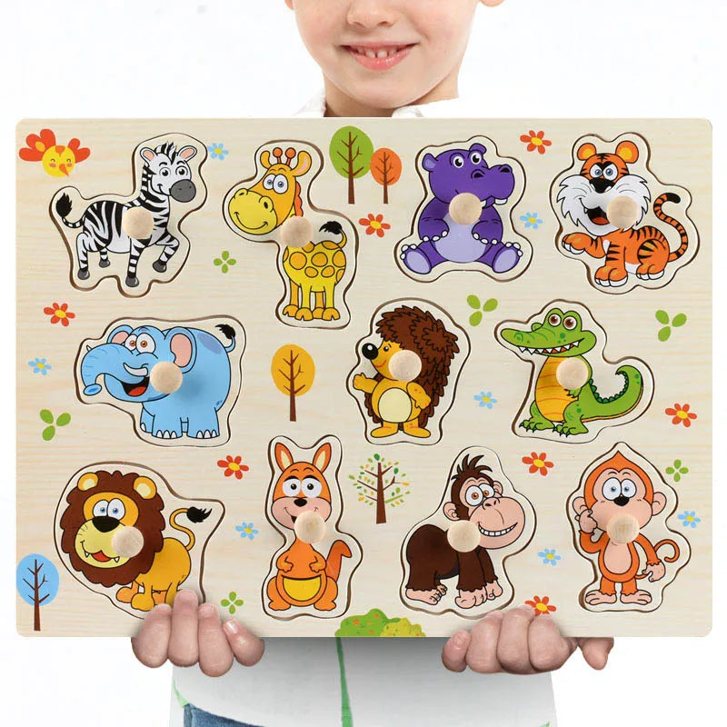 A wooden puzzle set featuring various animals like a zebra, elephant, lion, and monkey, designed for toddlers.