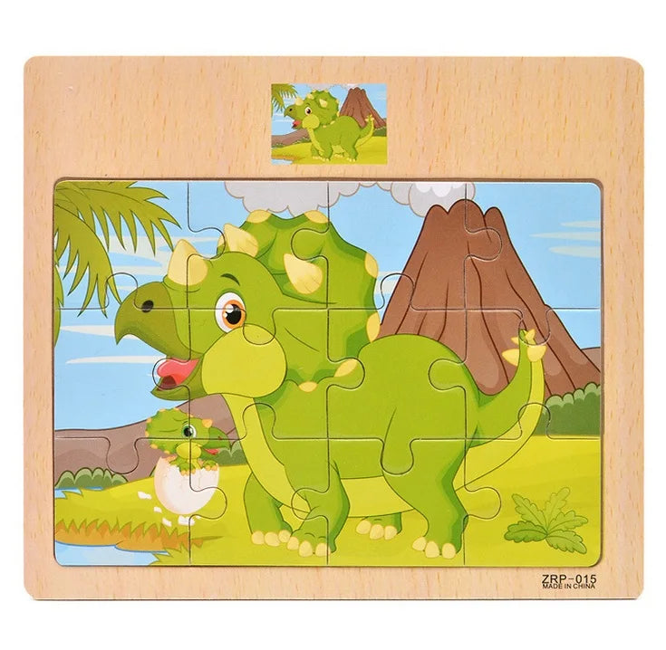 A wooden jigsaw puzzle featuring a green dinosaur in a grassy landscape with palm leaves and a brown mountain.