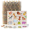 A wooden puzzle set featuring various animals, fruits, and shapes for toddlers.